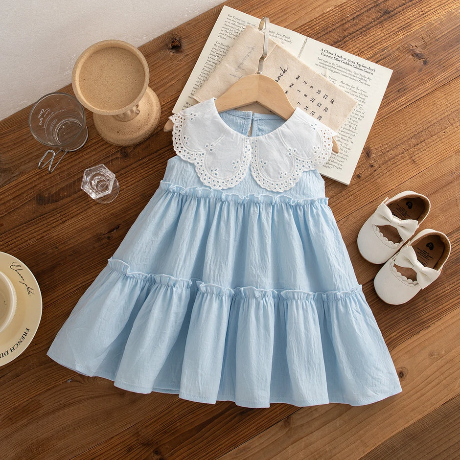 Baby Girl Clothes Summer Cotton Solid Color Lapel Sleeveless Baby Girl Dresses Cute Girls Beach Dresses