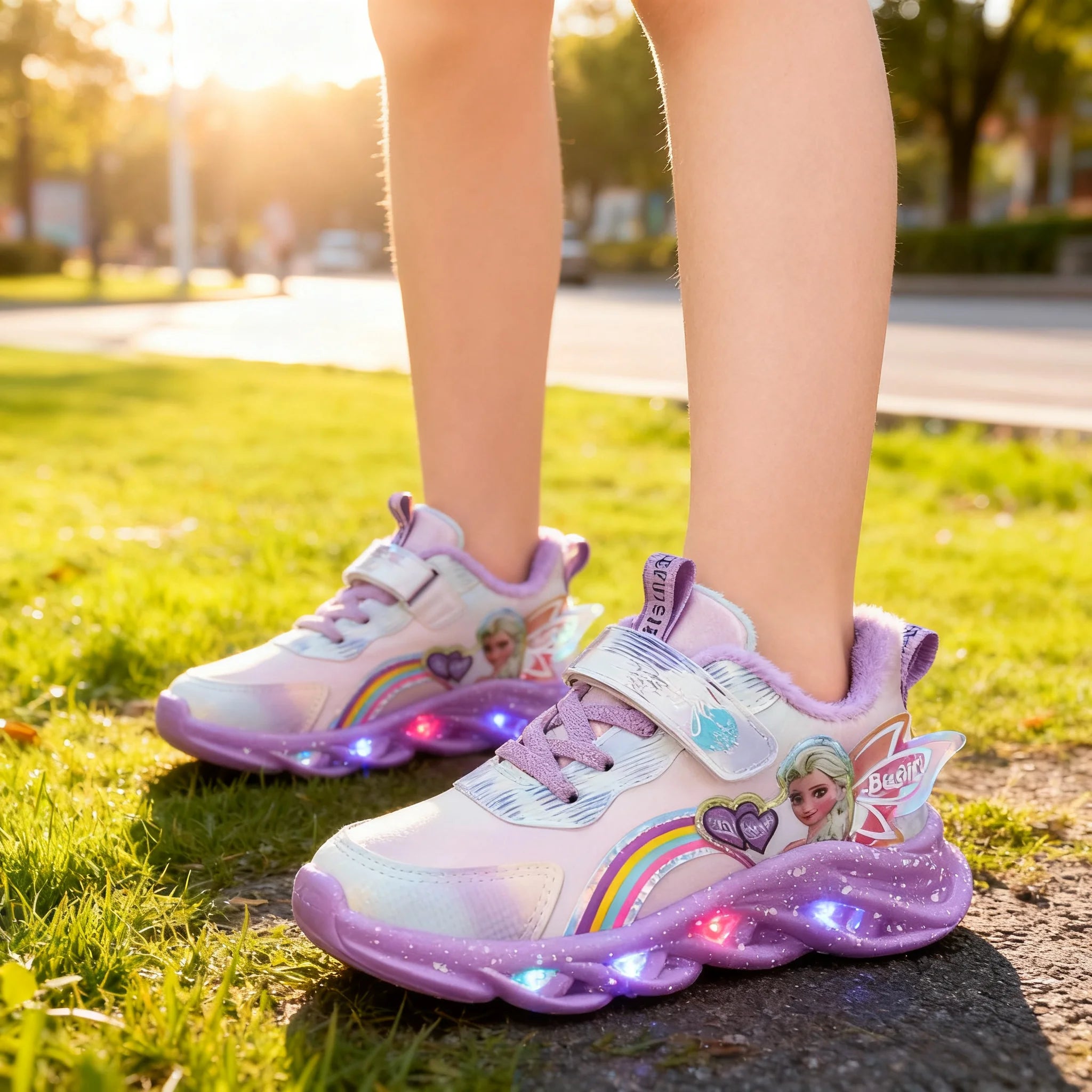 Disney Girls' Casual Shoes Led Lights Mesh Breathable Children's Sports  Princess Elsa Pink Purple Shoes Sneakers Size 22-35