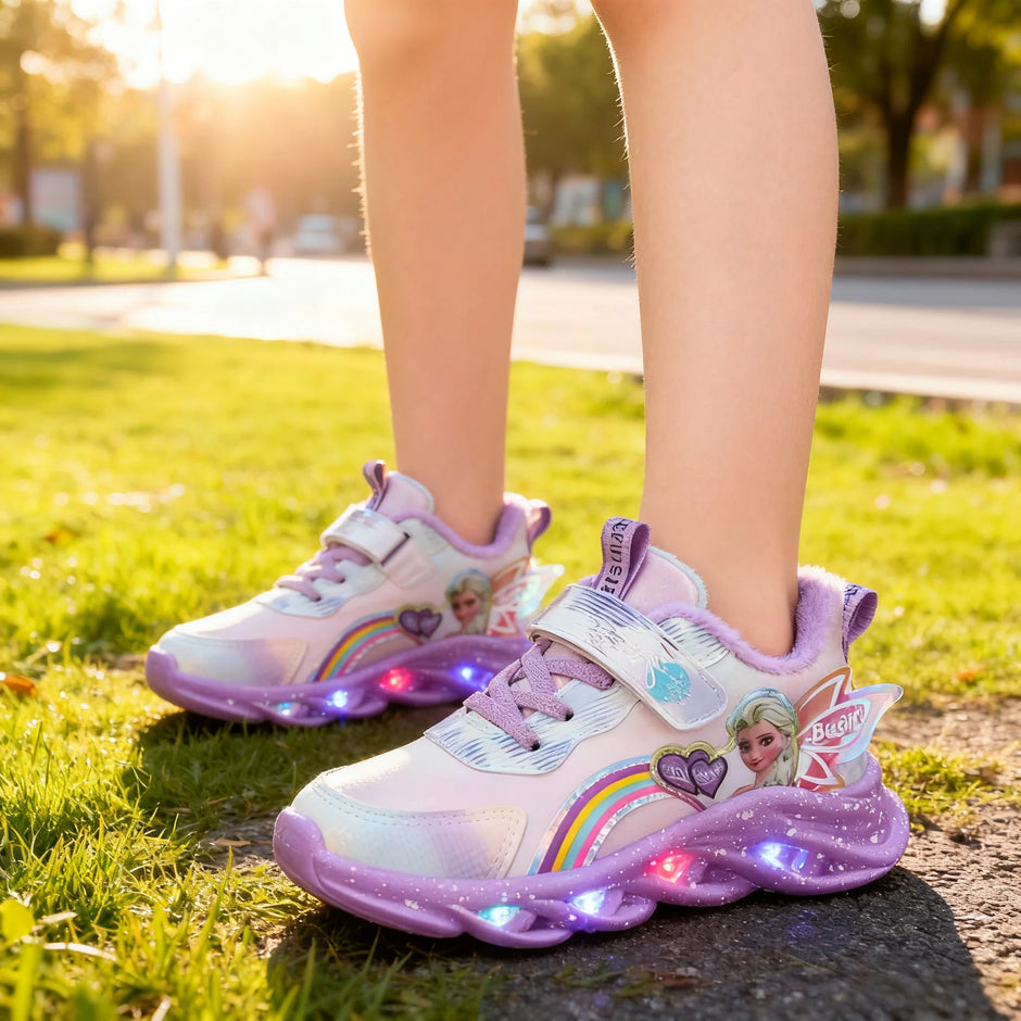 Disney Girls' Casual Shoes Led Lights Mesh Breathable Children's Sports  Princess Elsa Pink Purple Shoes Sneakers Size 22-35
