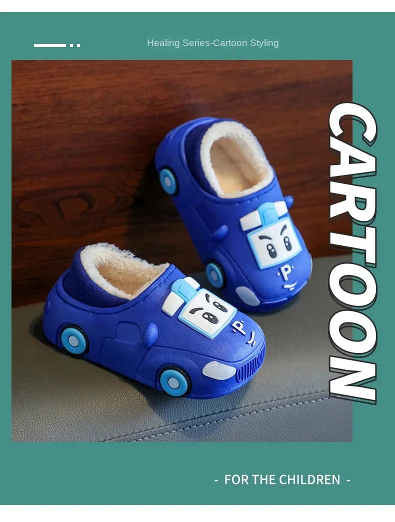 Cartoon Car Slippers Children Winter Warmer Plush Slides Babi Lovely Indoor Slippers Shoes Kids