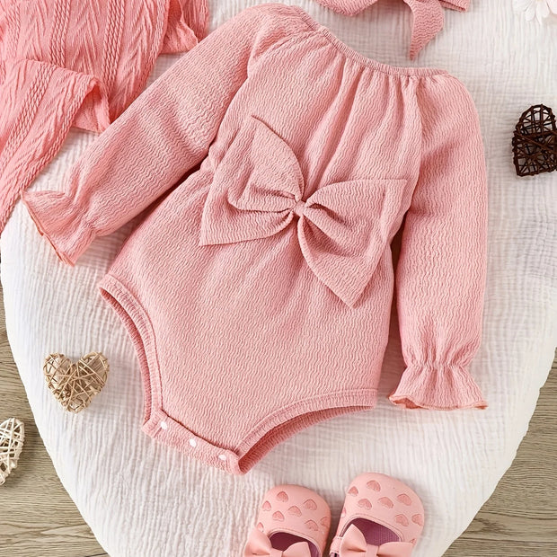 2pieces-Baby  Spring and Autumn Cute Fashion Sweet Foreign Style Bow Pink Long Sleeve Onesie + Kerchief Baby Two-piece Set