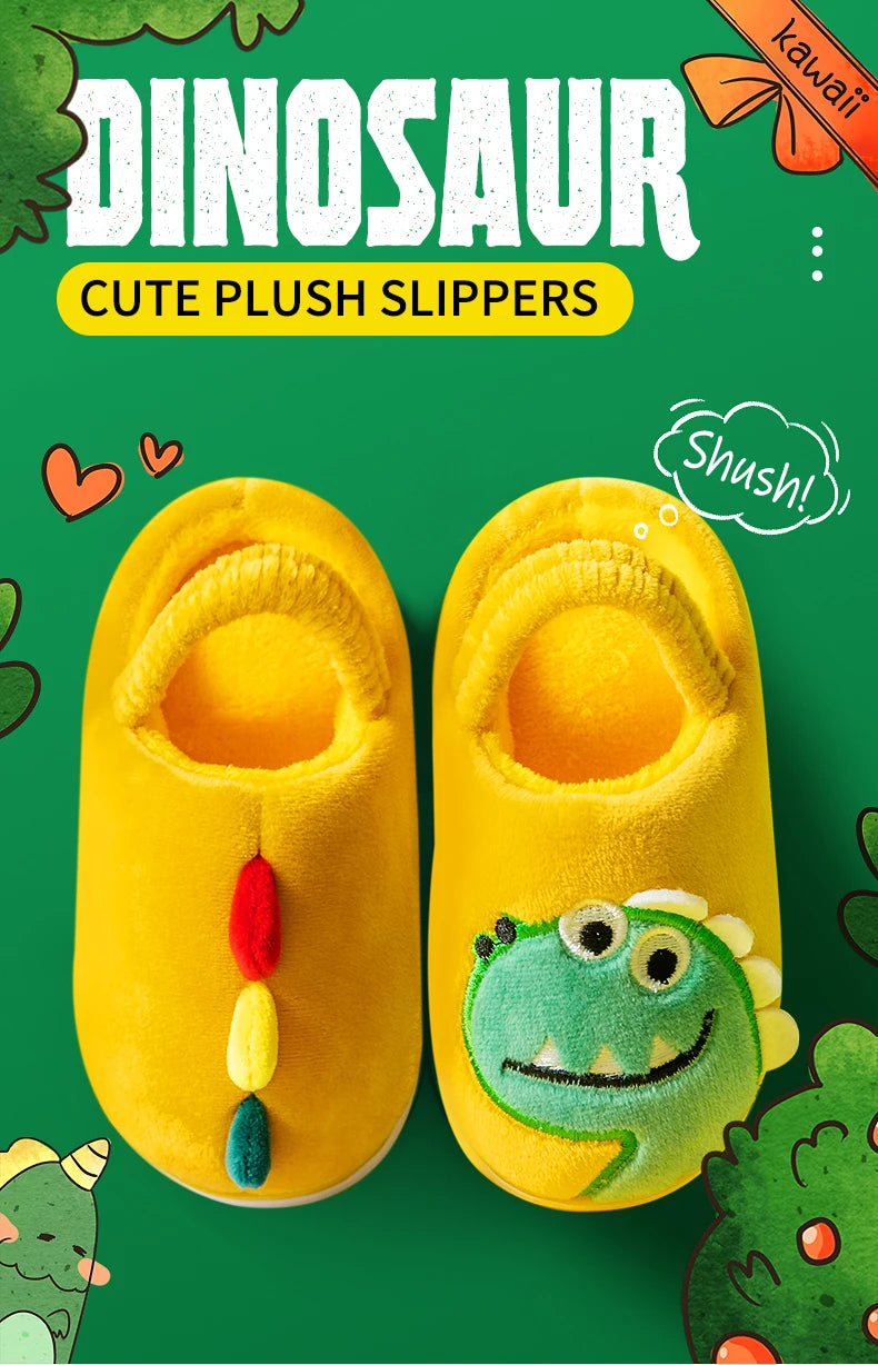 Boys Girls Winter Home Cotton Shoes Cartoon Dinosaur Embroidery Plush Slippers Back Wrap Soft Sole Non-slip Indoor Warm Shoes