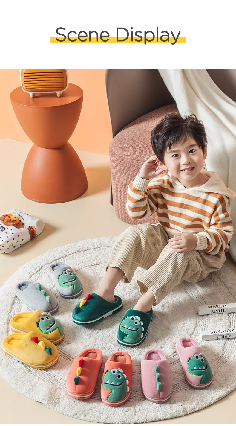 Boys Girls Winter Home Cotton Shoes Cartoon Dinosaur Embroidery Plush Slippers Back Wrap Soft Sole Non-slip Indoor Warm Shoes