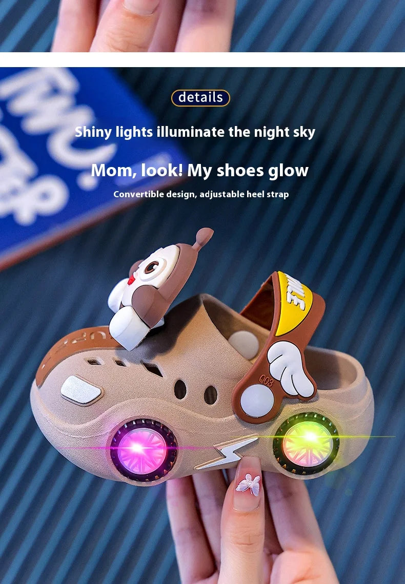 Children's Flashing Light Hole Shoes, Anti Slip Soft Soled Toe Cap Slippers, Cartoon Car Illuminated Slippers for Boys and Girls