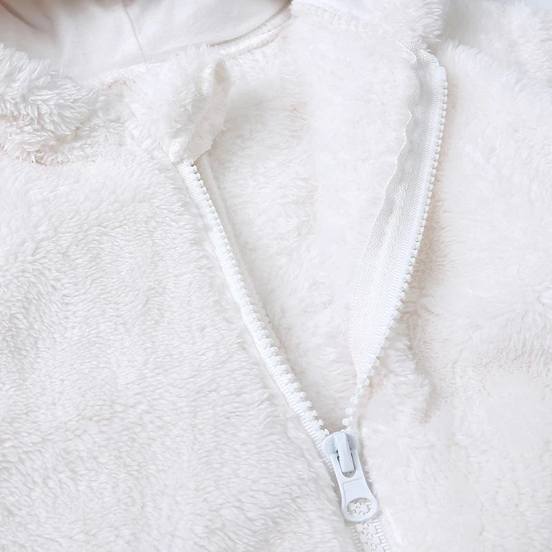 Baby Plush Rompers Winter Toddler Warm Polar Fleece Outfits Newborn Long Sleeve Bunny Ear Hooded Zipper Closure Jumpsuits