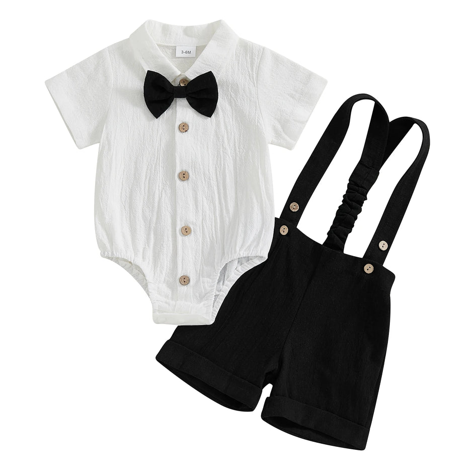 Fashion Summer Baby Boy Clothes Toddler Gentleman Outfits Short Sleeves Romper with Bow Tie Overalls Shorts Set for Formal Wear