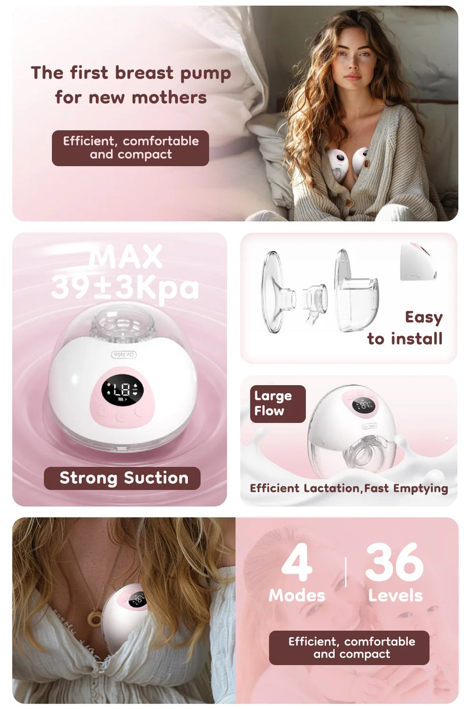 MAMIJOY 2PCS Wearable Electric Breast Pump 4 Modes＆36Suction Levels Silent Leak-Proof Hands Free Portable Breast Pumps EB50D