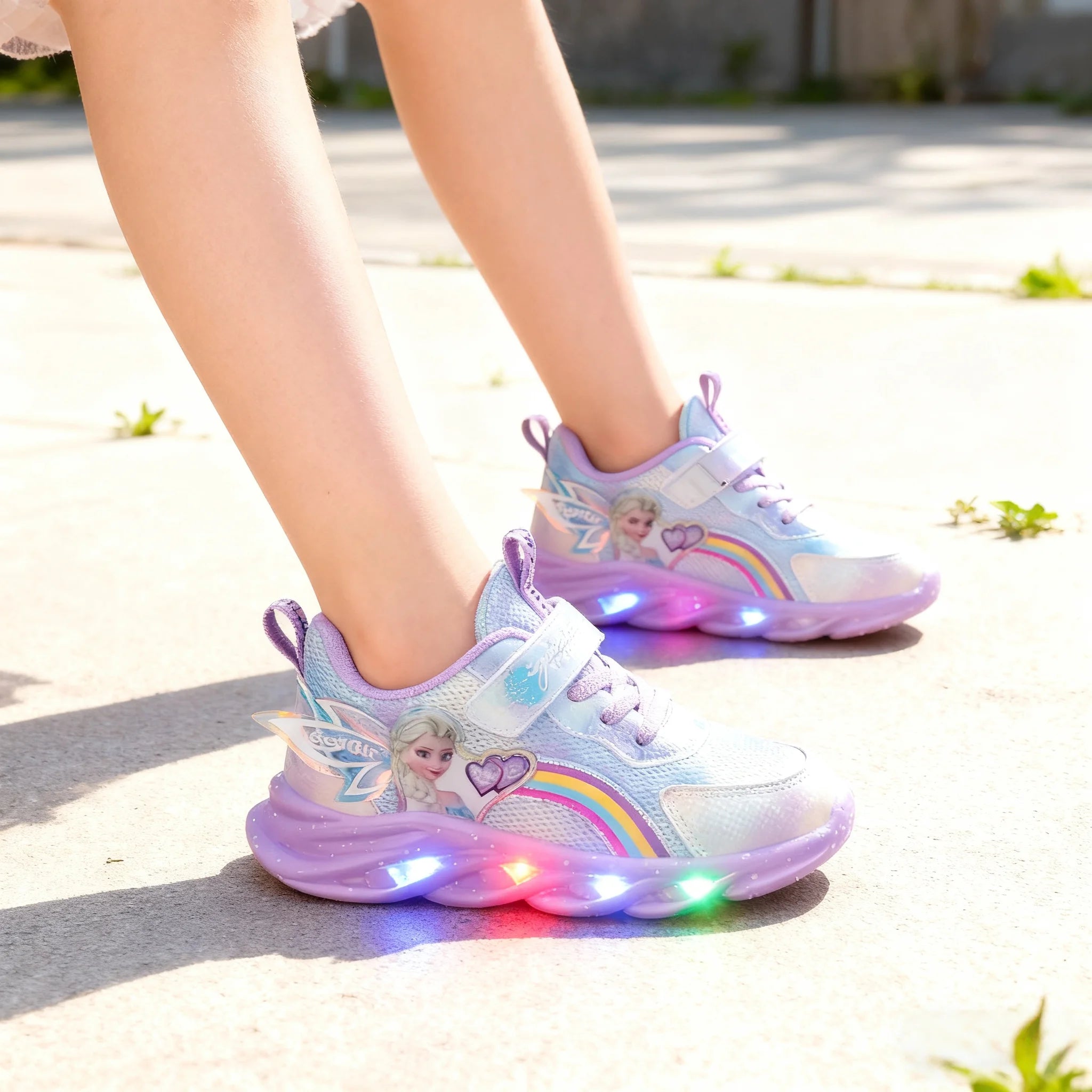 Disney Girls' Casual Shoes Led Lights Mesh Breathable Children's Sports  Princess Elsa Pink Purple Shoes Sneakers Size 22-35
