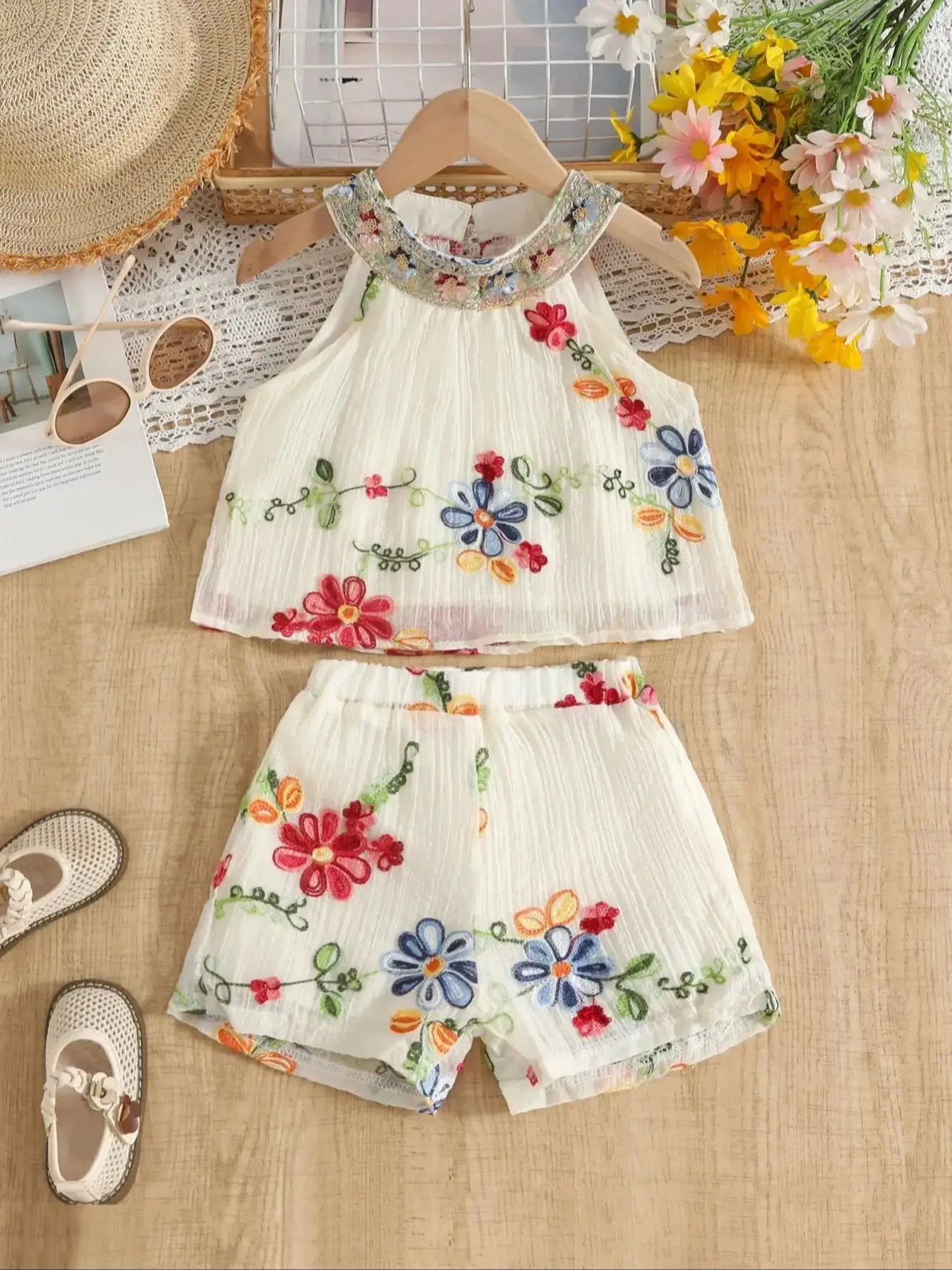 Summer New Arrival Girls' Colorful Embroidered Lace Floral Embroidery Craftsmanship Double-Layer Sleeveless Short-Sleeve Top & E
