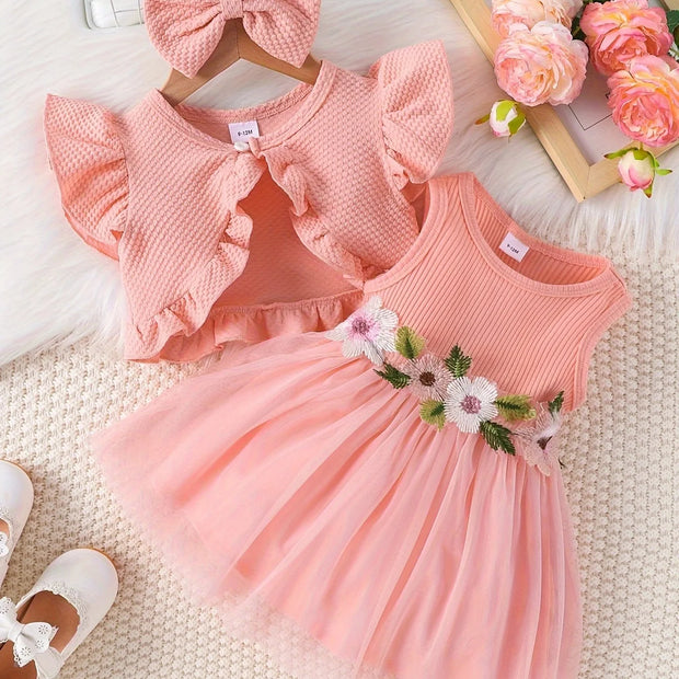 Baby Baby Baby Summer Style Waist Flower Vest Mesh Dress Jacket Hair Accessories