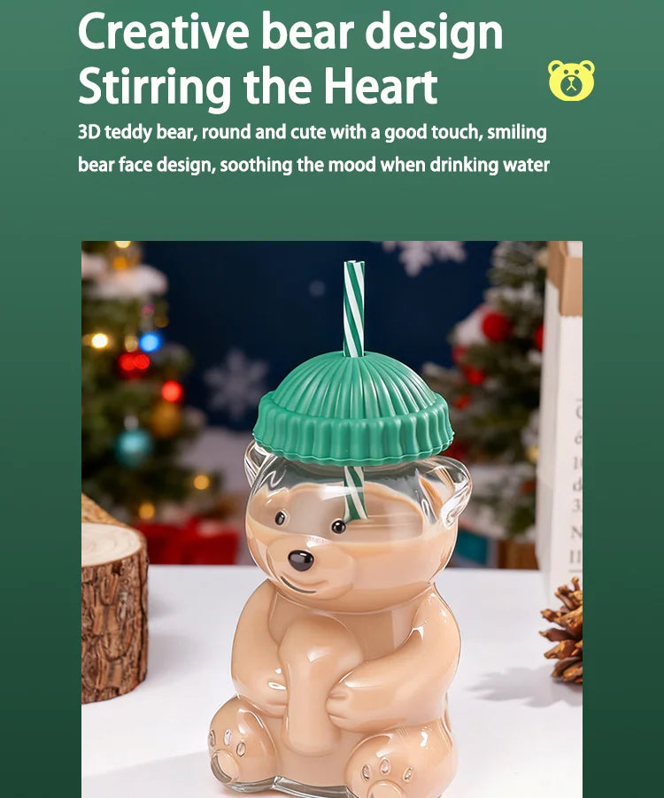 New glass bear cup with straw and lid, 20 oz high borosilicate glass, suitable for all beverages, can be used in microwave oven