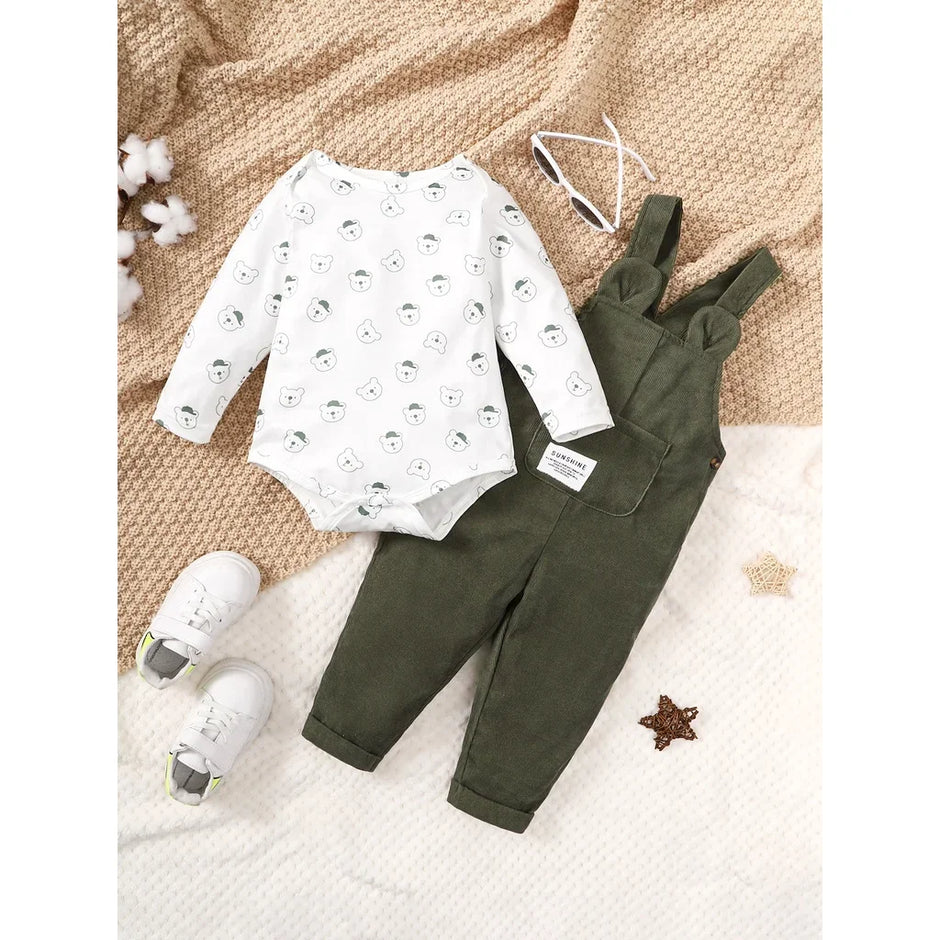 3-24 Months Toddler Baby Boy 2PCS Clothing Set Bear Print Bodysuit with Green Overall Fashion Cute Autumn and Winter Costumes