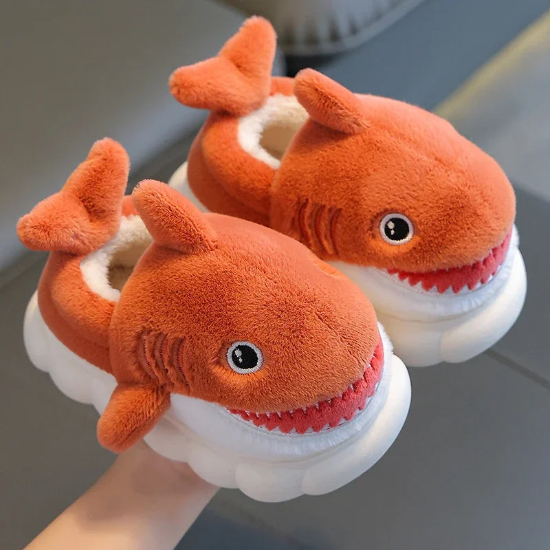 New Winter Wrap Heels Cute Cartoon Shark Cotton Slippers Children's Non-slip Soft For Kids Girls Boys Baby Warm Plush Home Shoes
