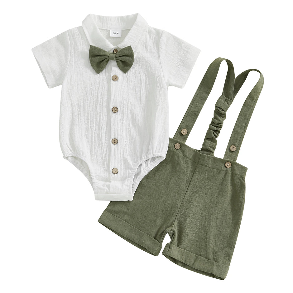 Fashion Summer Baby Boy Clothes Toddler Gentleman Outfits Short Sleeves Romper with Bow Tie Overalls Shorts Set for Formal Wear