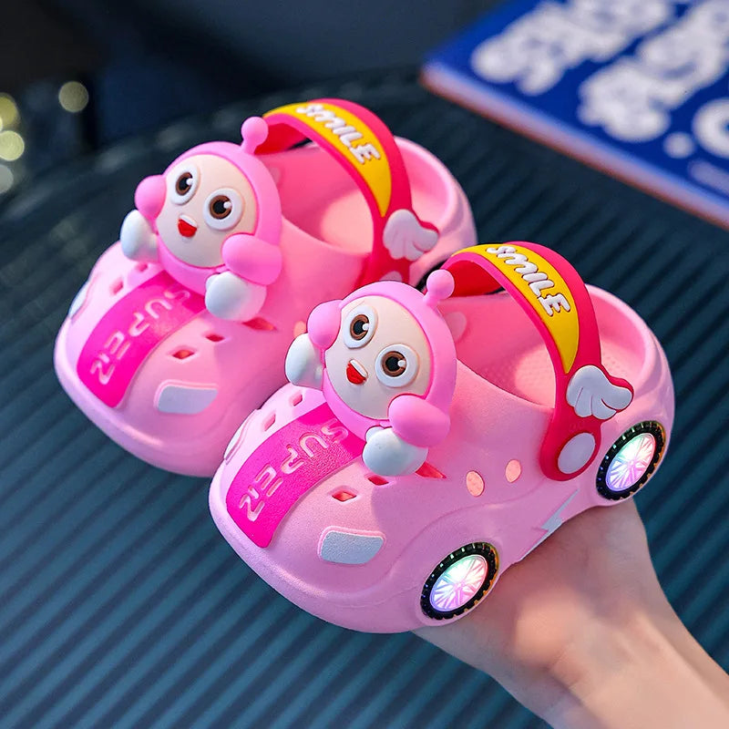 Children's Flashing Light Hole Shoes, Anti Slip Soft Soled Toe Cap Slippers, Cartoon Car Illuminated Slippers for Boys and Girls