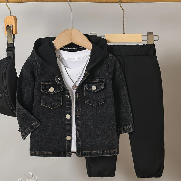 2-Piece Fall/Winter Baby Boy Trend Fashion Vintage Denim Jacket + Casual Sports Sweatpants 2 Casual Outing Suit