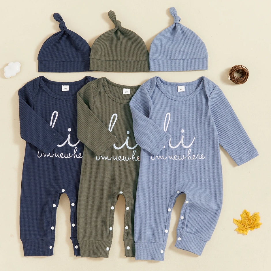 Citgeett Autumn Infant Baby Boy Romper Casual Letter Print Long Sleeve Jumpsuit Beanies Hat Set Fall Outfit Clothes