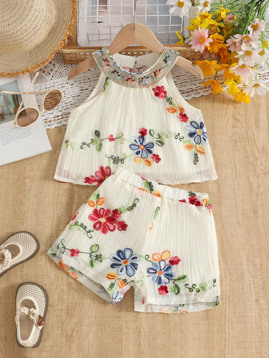 Summer New Arrival Girls' Colorful Embroidered Lace Floral Embroidery Craftsmanship Double-Layer Sleeveless Short-Sleeve Top & E