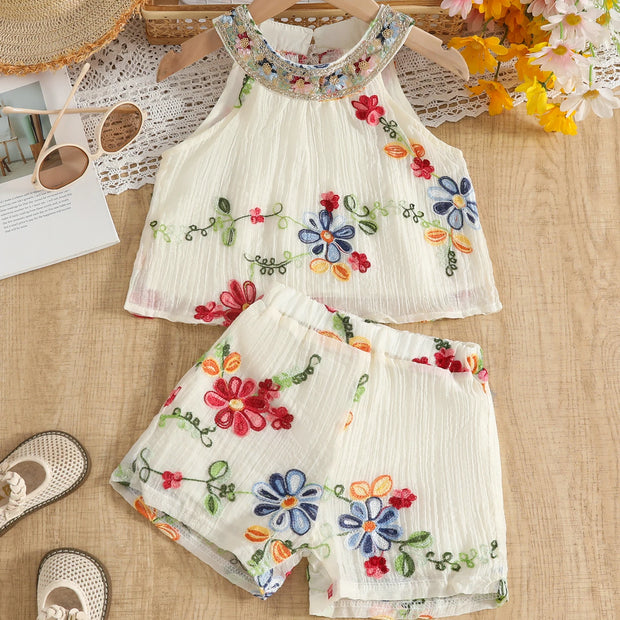 Summer New Arrival Girls' Colorful Embroidered Lace Floral Embroidery Craftsmanship Double-Layer Sleeveless Short-Sleeve Top & E