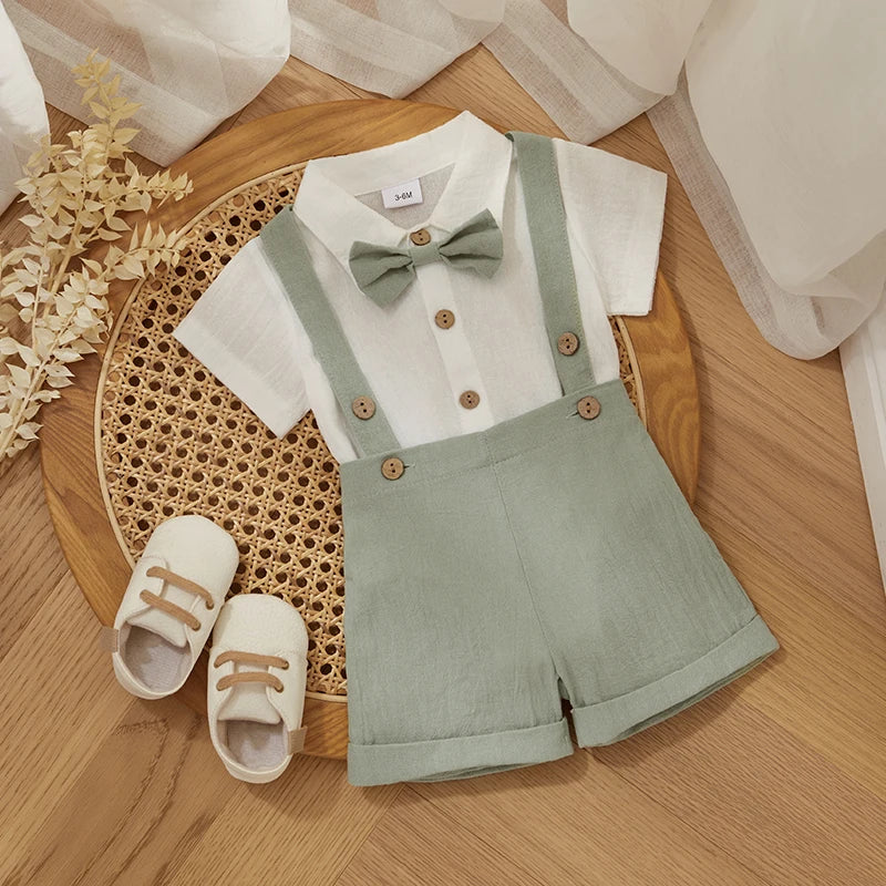 Fashion Summer Baby Boy Clothes Toddler Gentleman Outfits Short Sleeves Romper with Bow Tie Overalls Shorts Set for Formal Wear