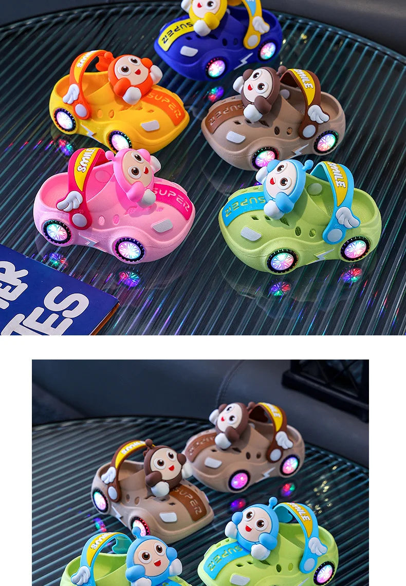 Children's Flashing Light Hole Shoes, Anti Slip Soft Soled Toe Cap Slippers, Cartoon Car Illuminated Slippers for Boys and Girls