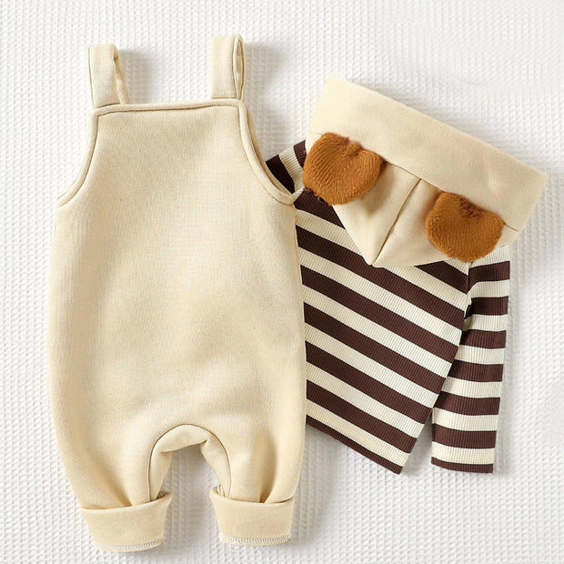 Baby Boy's Clothing Sets Fashionable Long Sleeve Striped Hooded Sweatshirt Embroidered Bear Overalls 2Pcs Outfits Cute Clothes