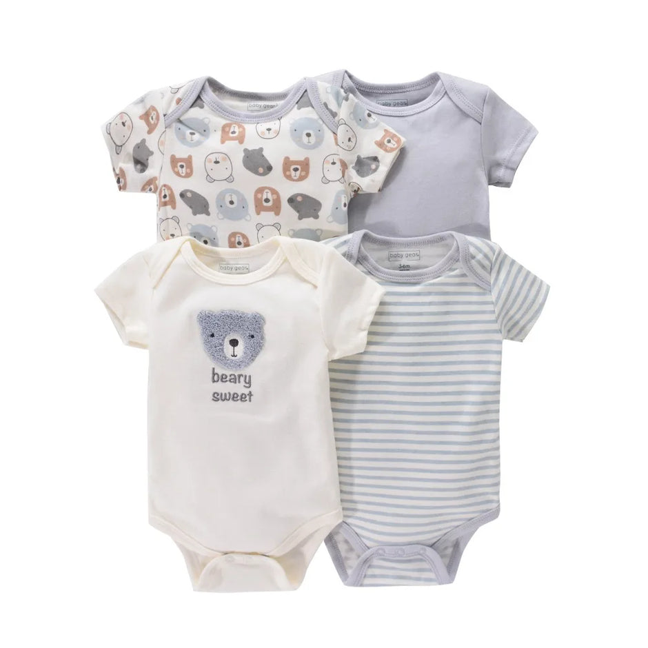 4PCS Newborn Infant Romper Short Sleeve Round Neck Cartoon Animal Flowers Print Bodysuit Onesies For Baby Boys And Girls Clothes