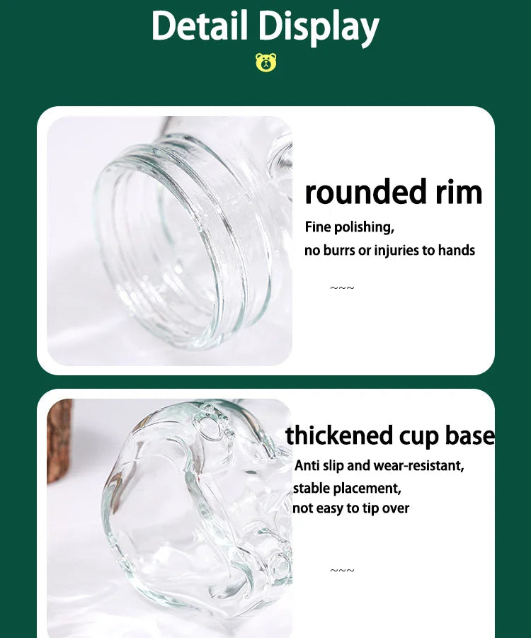 New glass bear cup with straw and lid, 20 oz high borosilicate glass, suitable for all beverages, can be used in microwave oven