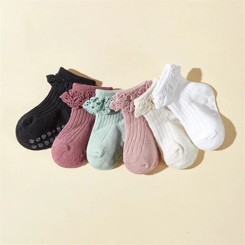 6Pairs/Lot Newborn Baby Floor Socks For Girls Cotton Toddler Sweet Lace Infant Home Toddler Socks Non-slip 0-3Y Spring Autumn