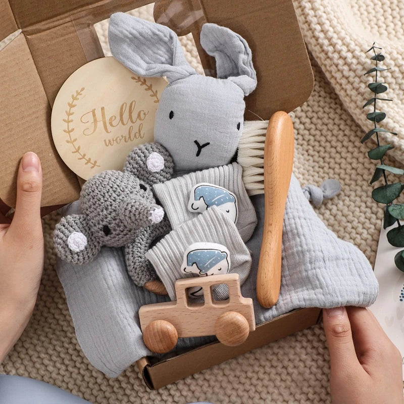 Let's Make Baby Bath Toy Set Double Sided Cotton Blankets Crochet Rattle Wooden Ring Infant Teether Bath Brush For Newborn Gift