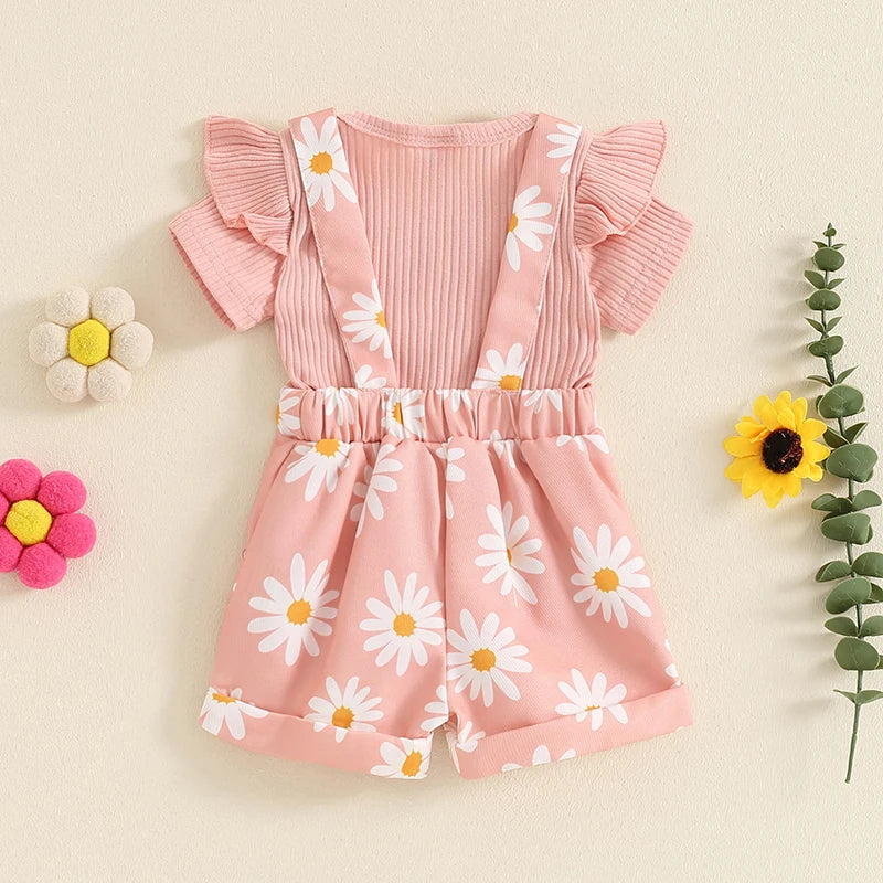 0-18months infant Girls Shorts Set Short Sleeve Romper Flower Print Suspender Shorts Summer Outfit for Baby girls