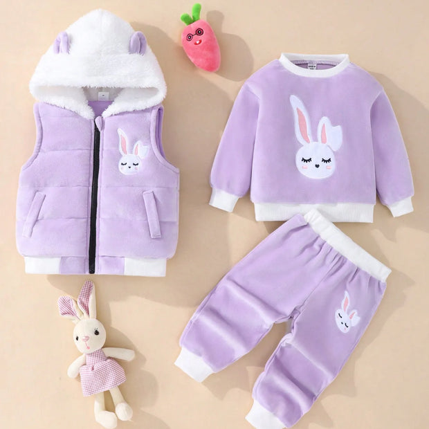 A Sweet And Cute Rabbit Embroidery Warm Suit For Baby Girls In Autumn And Winter + A Cotton-Padded Jacket And Vest 3-Piece Set