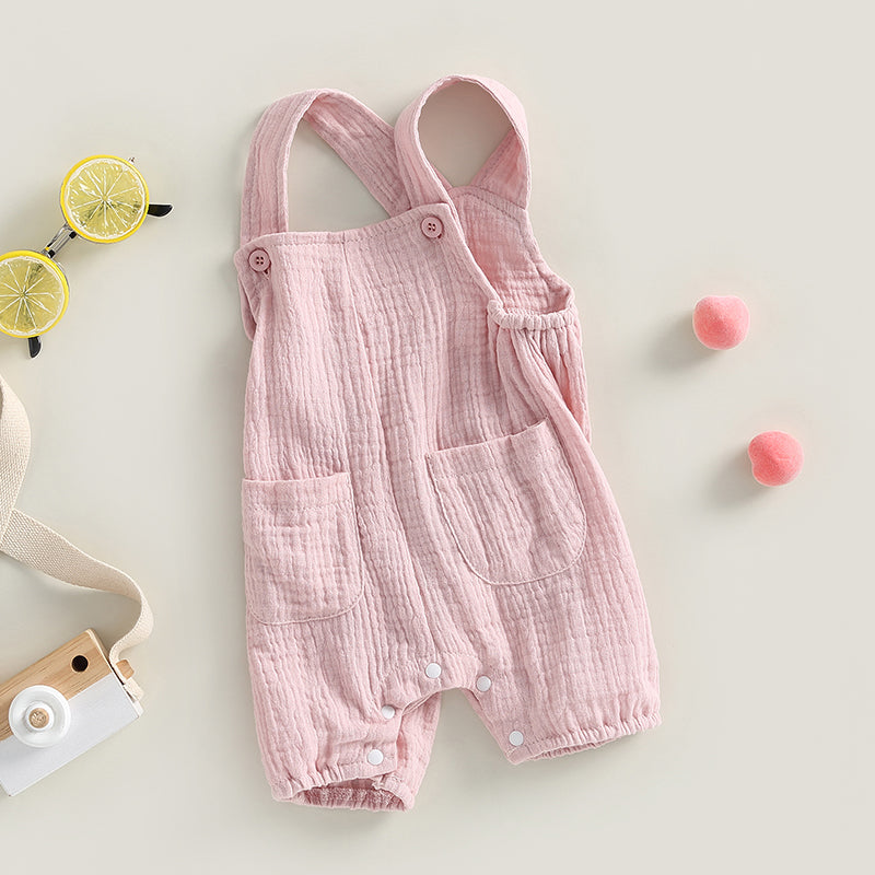 pudcoco Baby Summer Suspenders Jumpsuit Solid Color Sleeveless Romper with Pockets for Newborn Infant Boy Girls