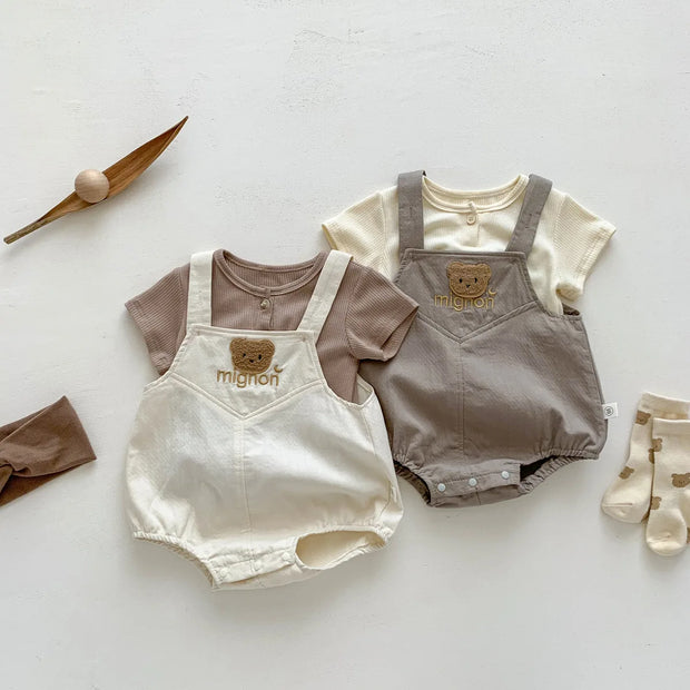 2025 New In Summer Newborn Baby Girls Boys Short Sleeve Solid Color Top T-shirts +cartoon Bear Bodysuits Kid Infant Clothing Set