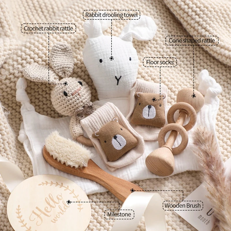 Let's Make Baby Bath Toy Set Double Sided Cotton Blankets Crochet Rattle Wooden Ring Infant Teether Bath Brush For Newborn Gift