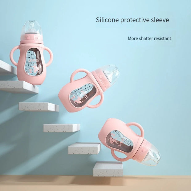 Glass Baby Bottle with Straw Wide Mouth Glass Silicone Handle Shatter Resistant and Autoclavable BPA Free