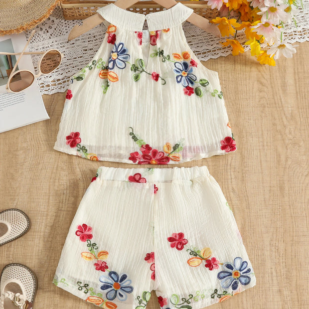 Summer New Arrival Girls' Colorful Embroidered Lace Floral Embroidery Craftsmanship Double-Layer Sleeveless Short-Sleeve Top & E