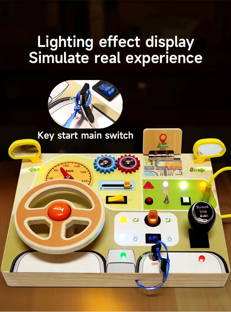 Montessori Busy Board Children Toys Led Light Switch Simulate Car Steering Wheel Travel Activities Sensory Game Educational Toys